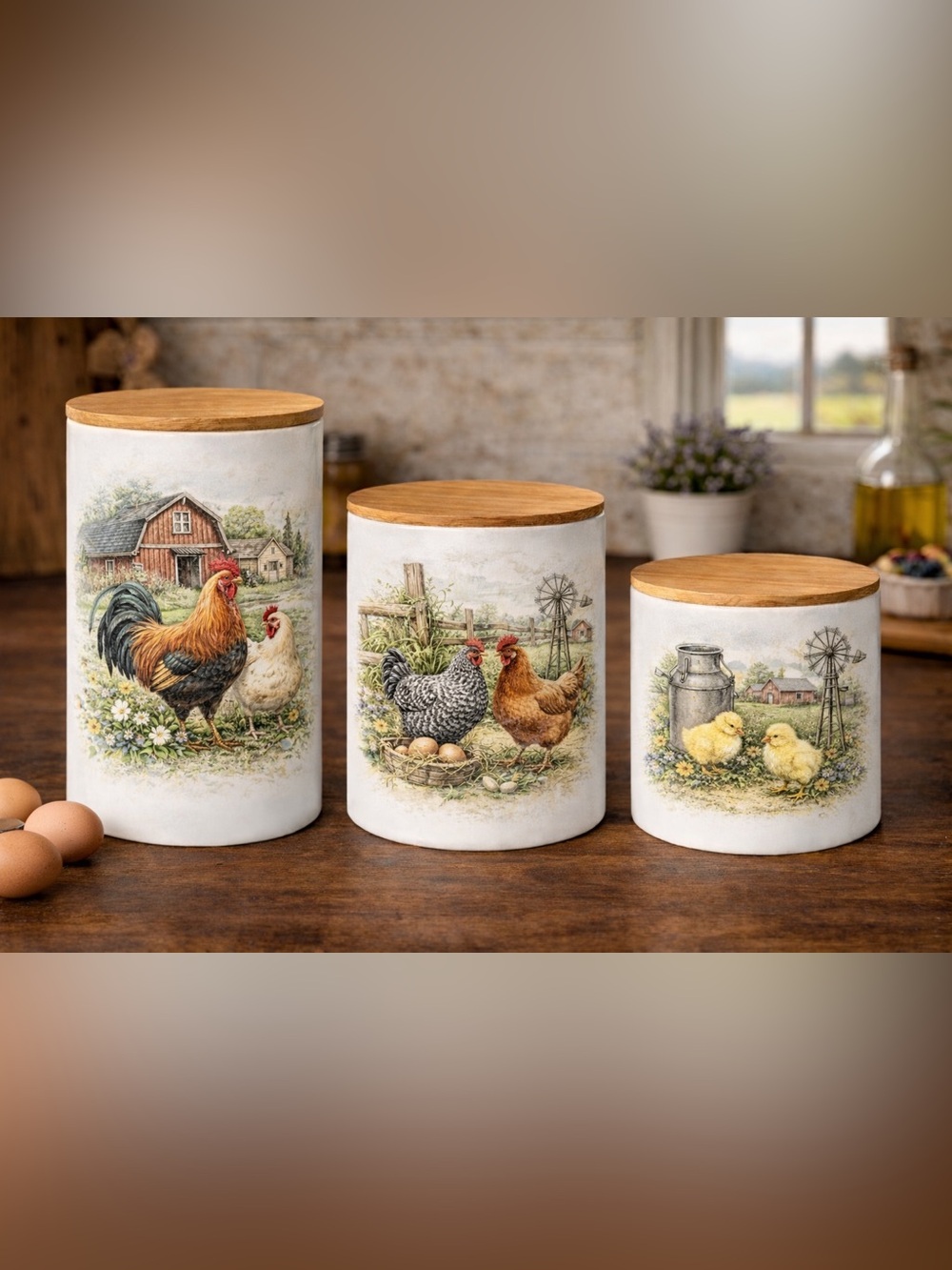 Farmhouse Chicken Ceramic Canister Set with Bamboo Lids - White